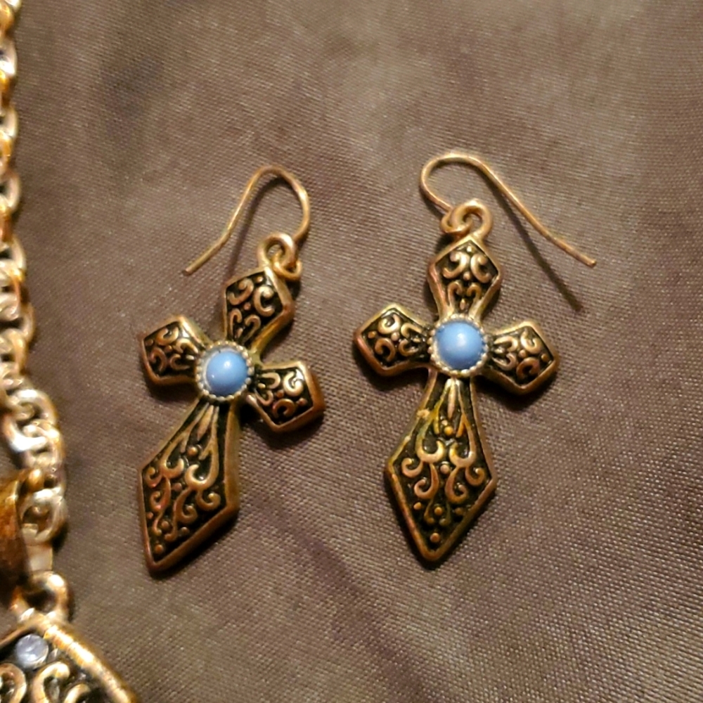 Large Vintage Southwestern style cross necklace with matching earrings